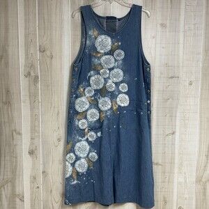 VTG Denim Hand Embroidered Denim Overall Dress Novelty Cottagecore Floral M/L